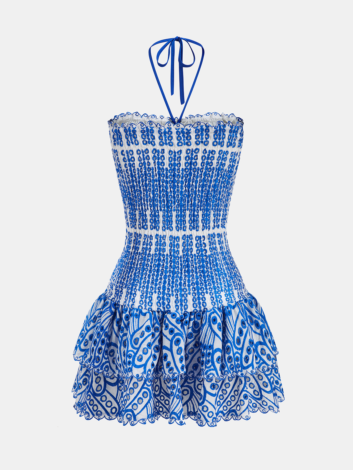 Halter Mini Dress with Smocked Embroidery and Layers