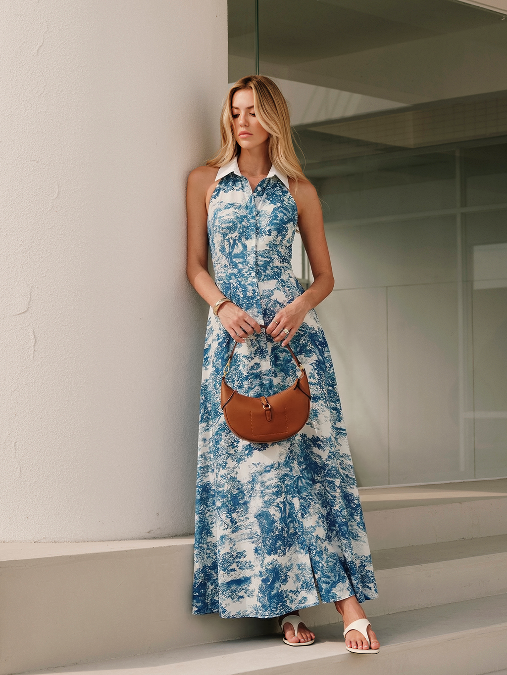 Floral Toile Buttoned Collared Long Dress