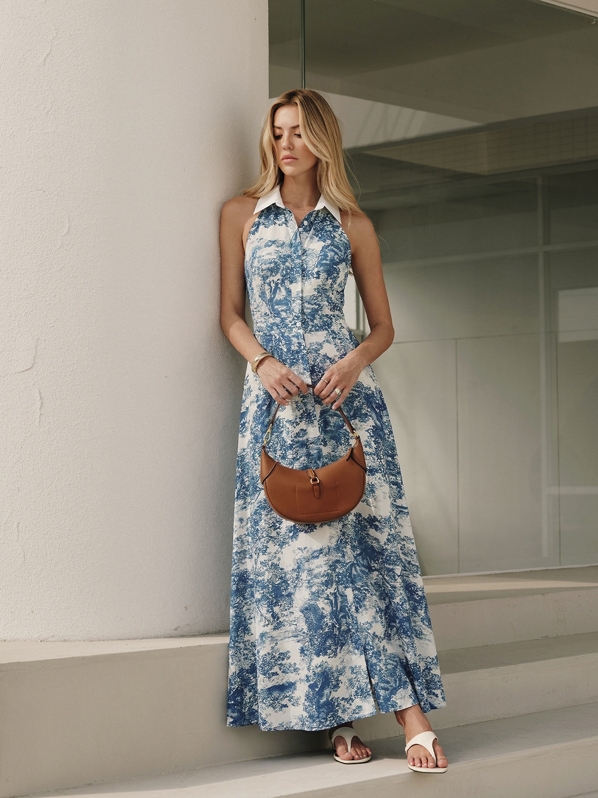 Floral Toile Buttoned Collared Long Dress