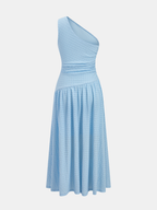 Asymmetrical Ruched Textured Midi Dress with One Shoulder