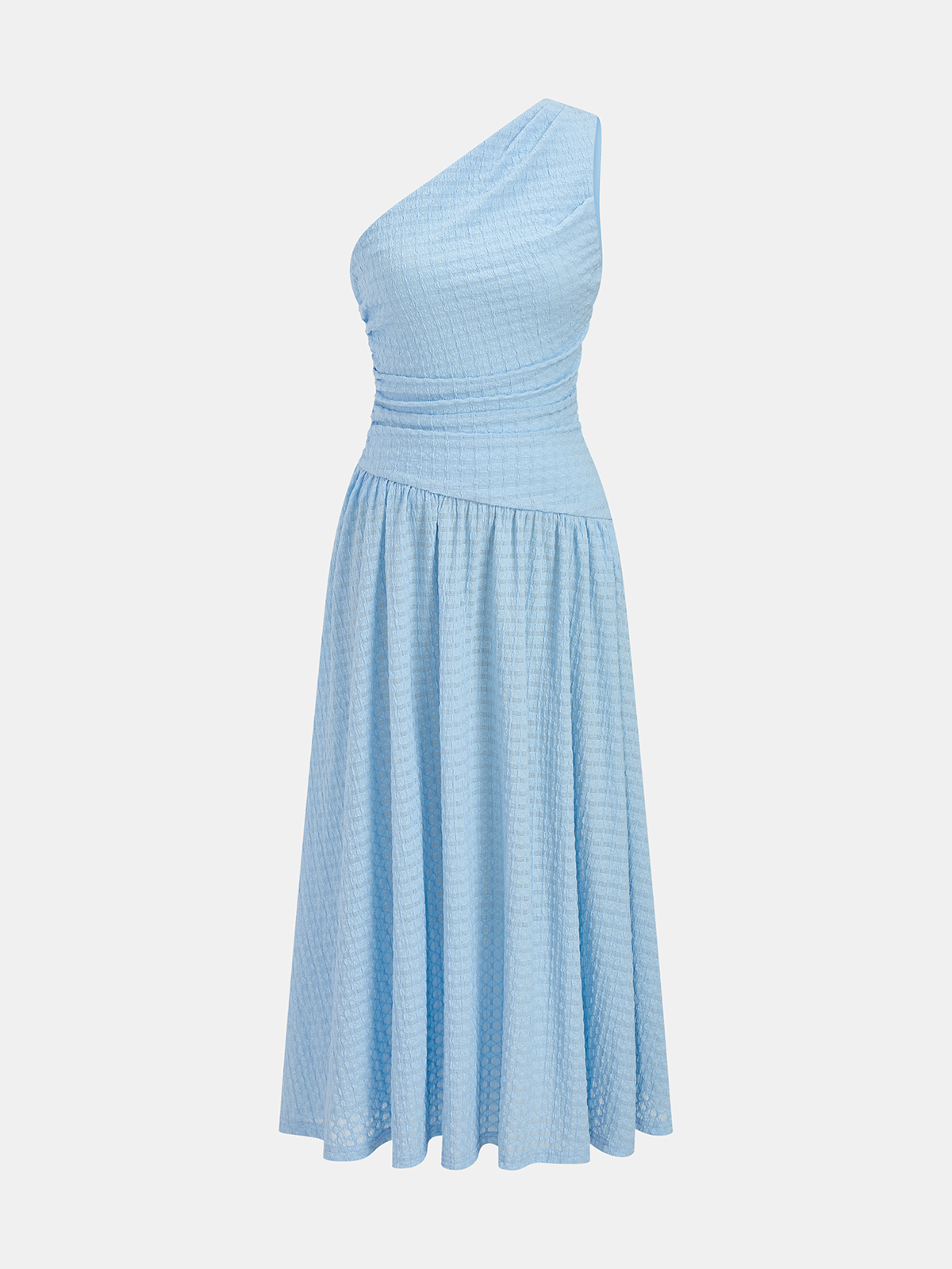 Asymmetrical Ruched Textured Midi Dress with One Shoulder