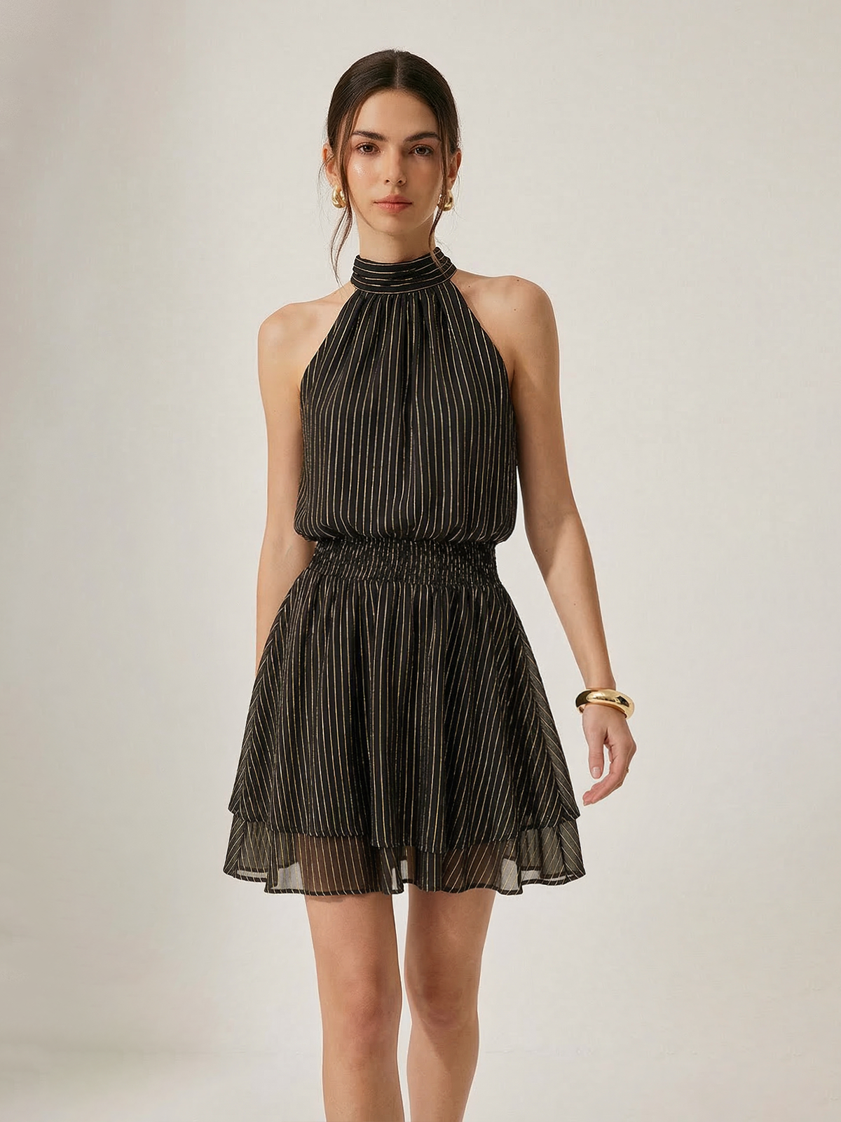 Striped Smocked Halter Mini Dress with Layered Design