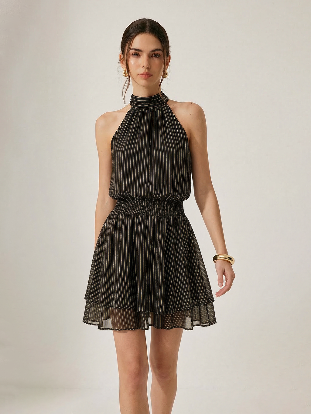 Striped Halter Mini Dress with Smocked Layered Design