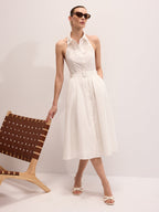 Embroidered Cotton Halter Maxi Dress with Belt