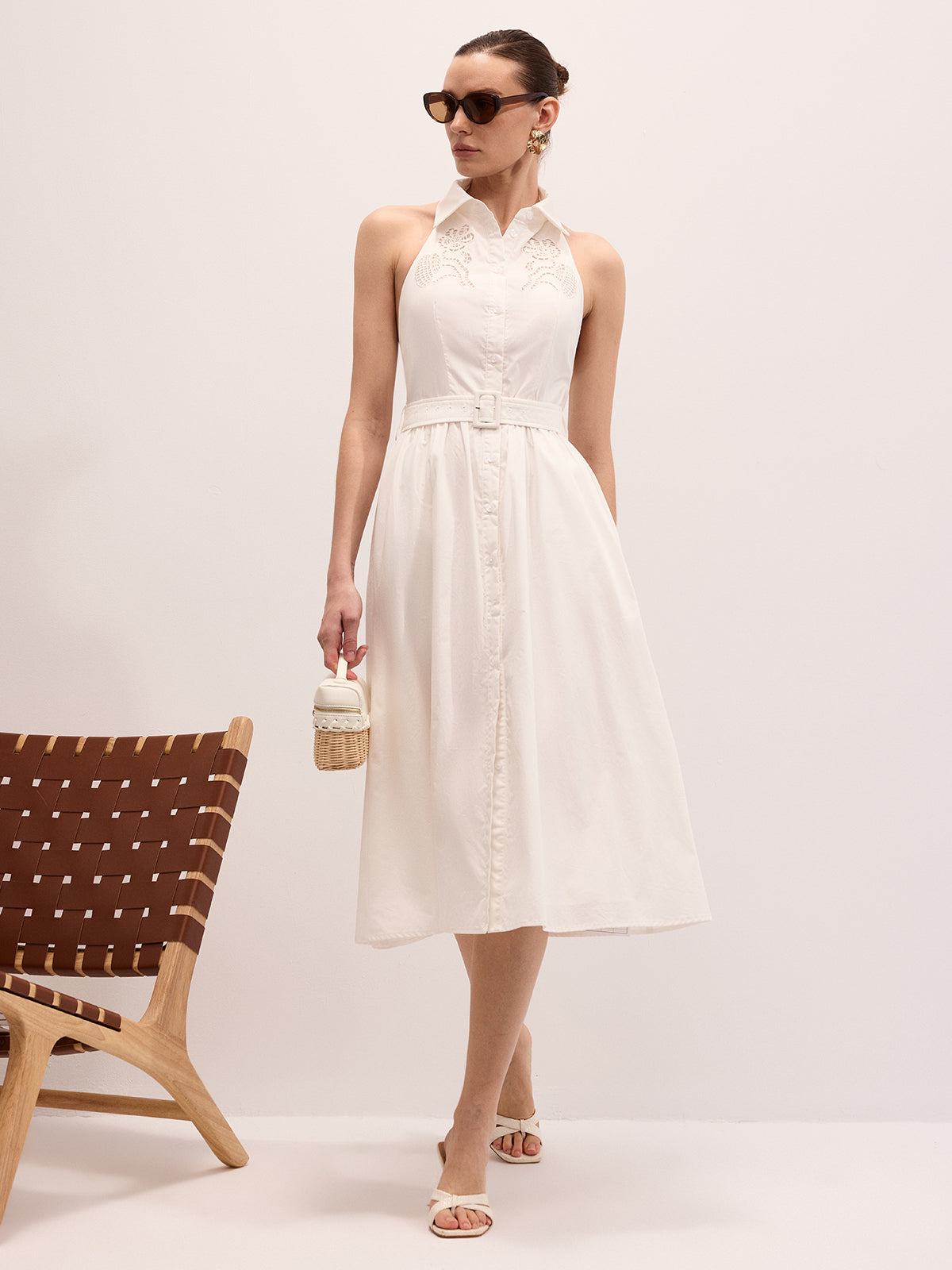 Embroidered Cotton Halter Maxi Dress with Belt