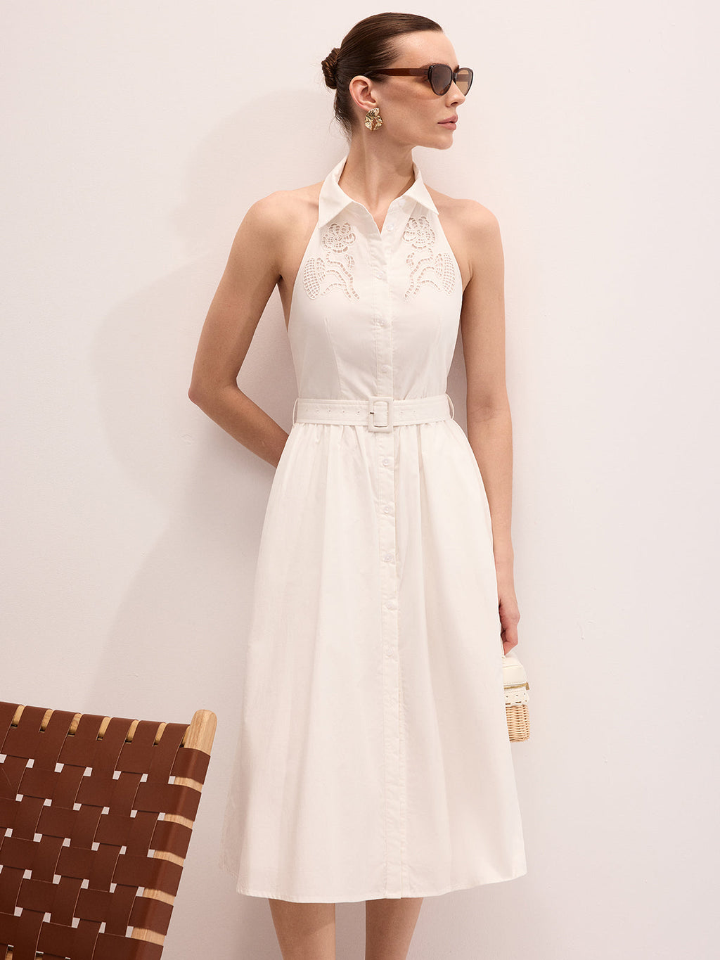 Cotton Halter Maxi Dress with Embroidered Belt