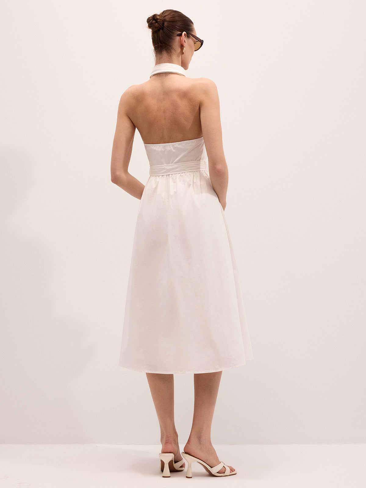 Cotton Halter Maxi Dress with Embroidered Belt Detail
