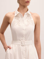 Embroidered Cotton Halter Maxi Dress with Belt