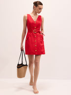 Linen Blend Sleeveless Belted Mini Dress