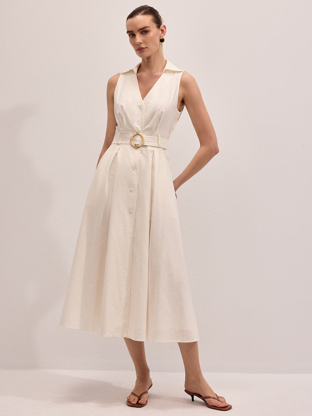 Cotton Linen Midi Dress with Sleeveless Belt Design