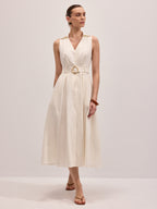 Cotton Linen Belted Sleeveless Midi Dress