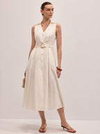 Cotton Linen Midi Dress with Sleeveless Belt Design