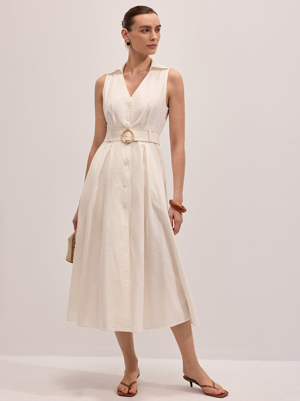 Cotton Linen Belted Sleeveless Midi Dress