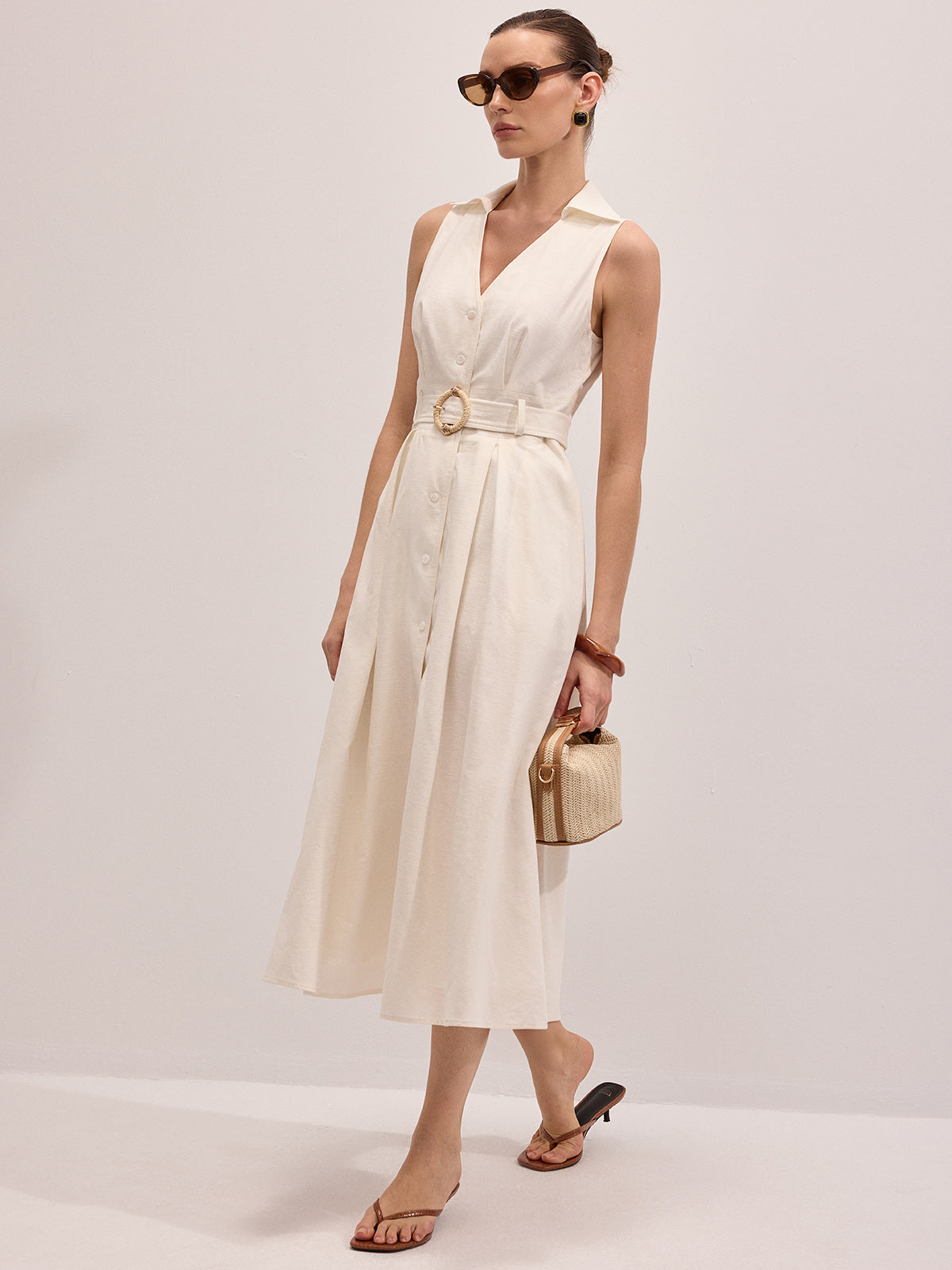 Cotton Linen Belted Sleeveless Midi Dress