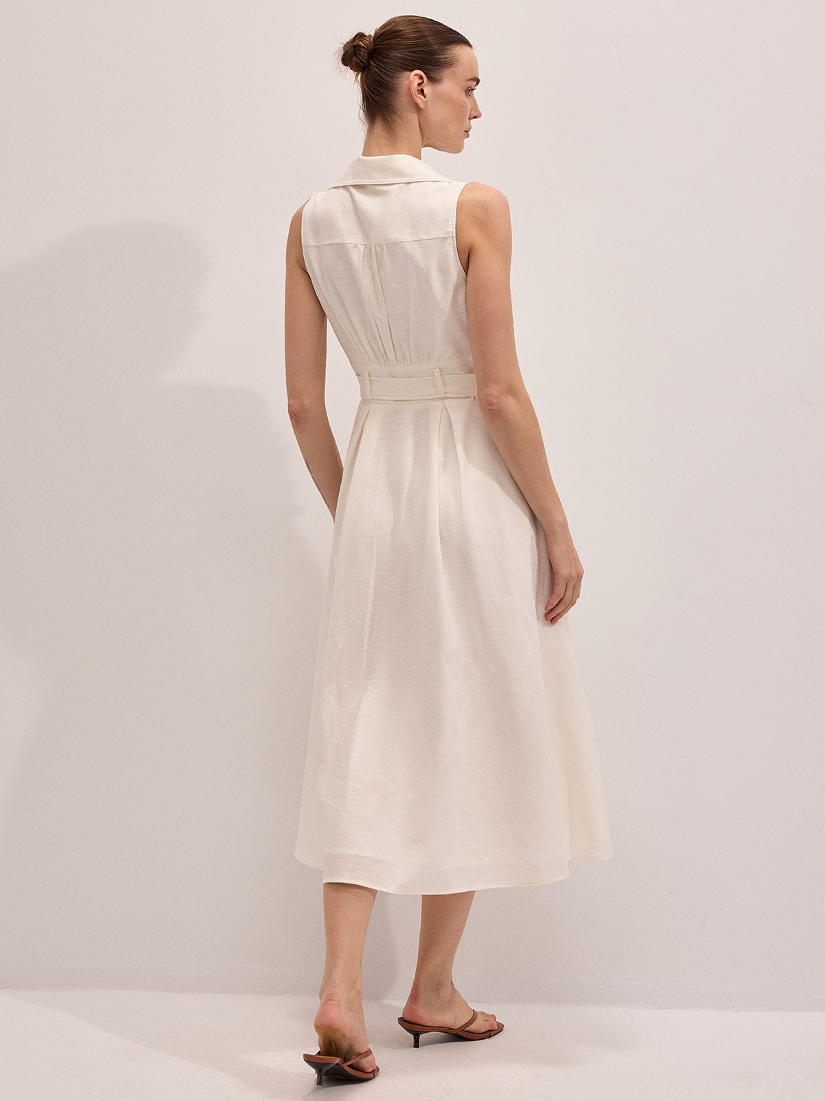 Cotton Linen Belted Sleeveless Midi Dress