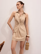 Linen Blend Mini Dress with Sleeveless Twist Design