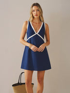 Relaxed Linen-Blend Mini Dress with Contrast Trim