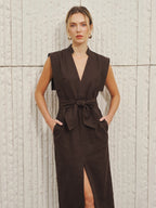 Cotton-Linen V-Neck Dress with Sleeveless Bow Split