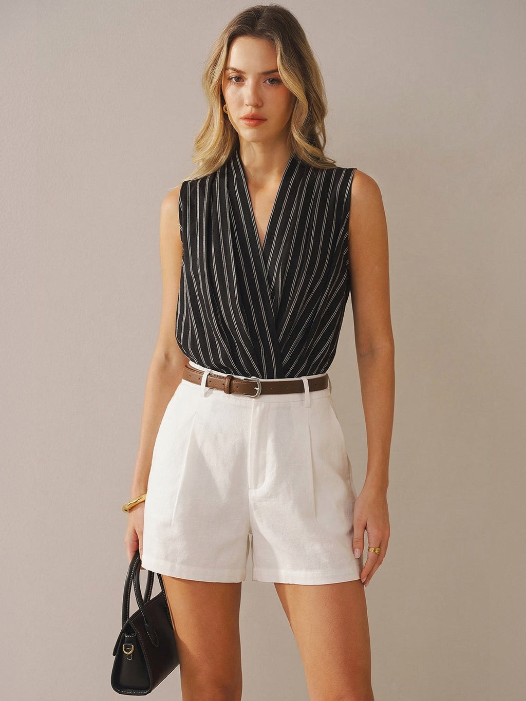 Cotton Linen Striped Sleeveless Wrap-Style Bodysuit