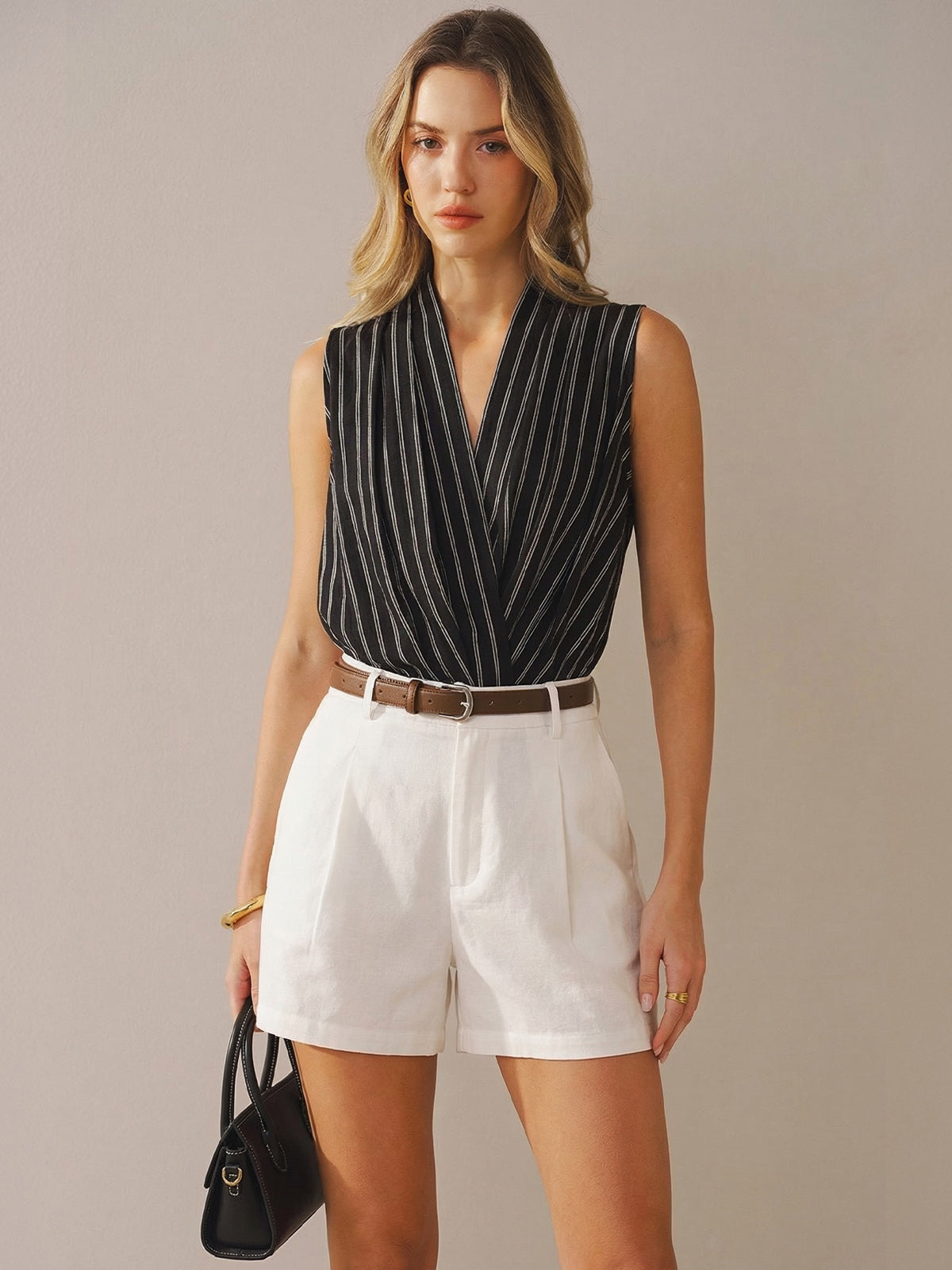 Cotton Linen Striped Sleeveless Wrap-Style Bodysuit