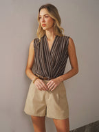 Cotton Linen Striped Sleeveless Wrap-Style Bodysuit
