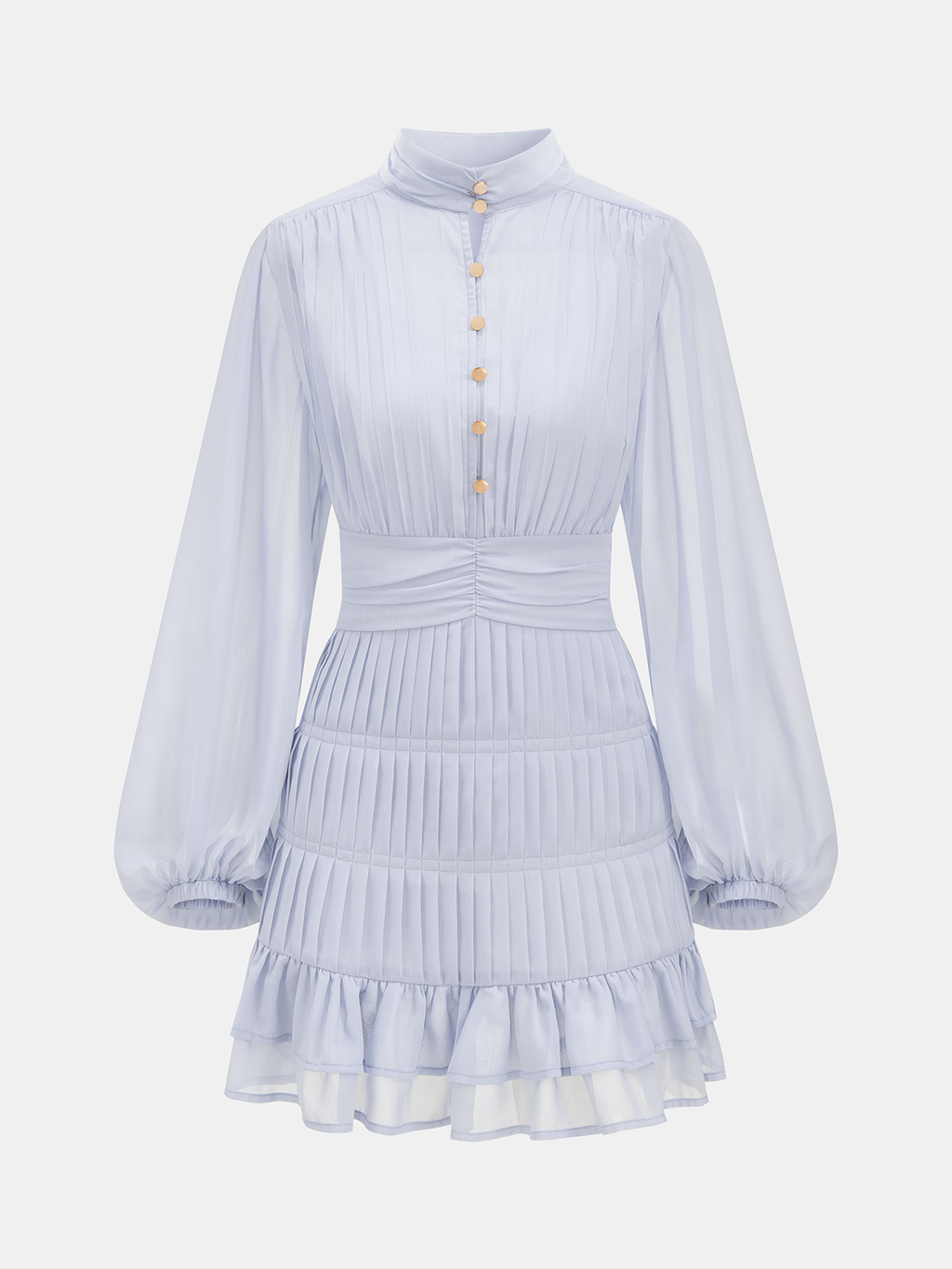 Button-Up Pleated Mini Dress with Long Sleeves and Ruffles