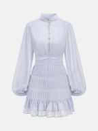 Button-Up Pleated Mini Dress with Long Sleeves and Ruffles