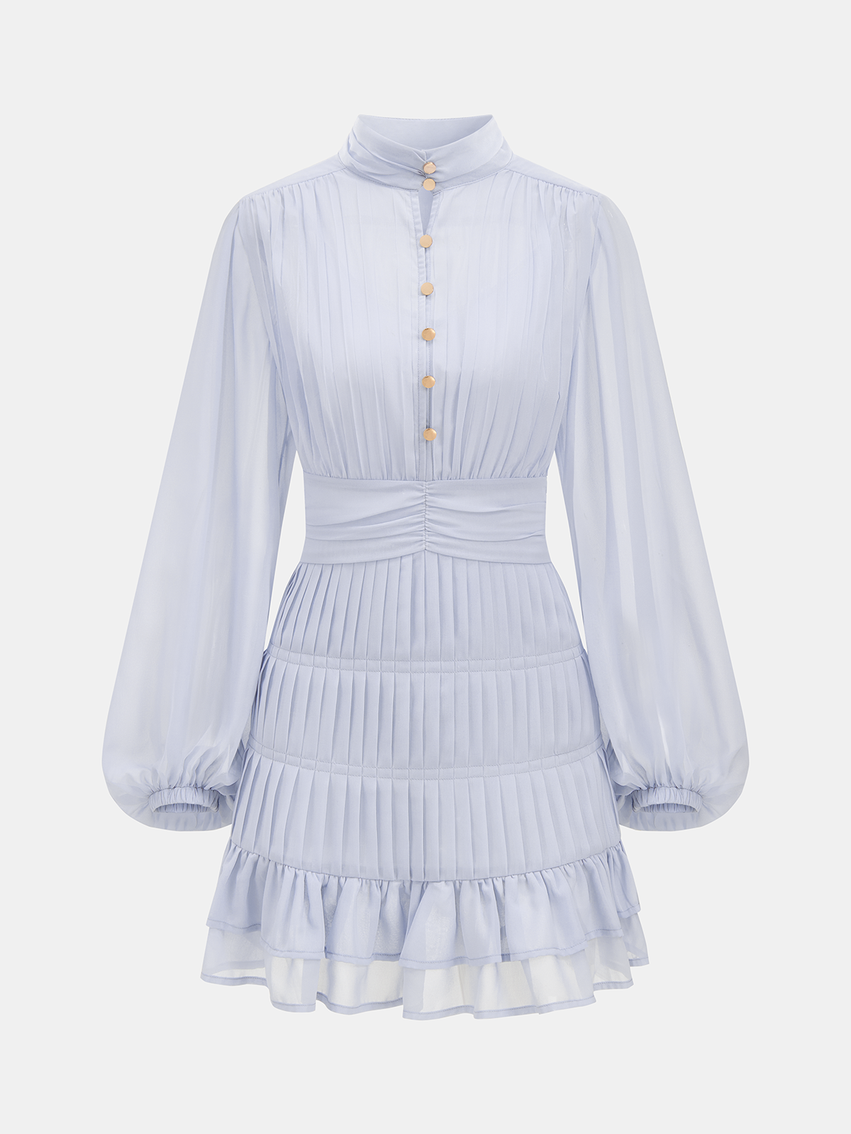 Button-Up Pleated Mini Dress with Long Sleeves and Ruffles