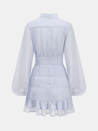 Button-Up Pleated Mini Dress with Long Sleeves and Ruffles