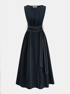 Cotton Linen Maxi Dress with Sleeveless Belted Design