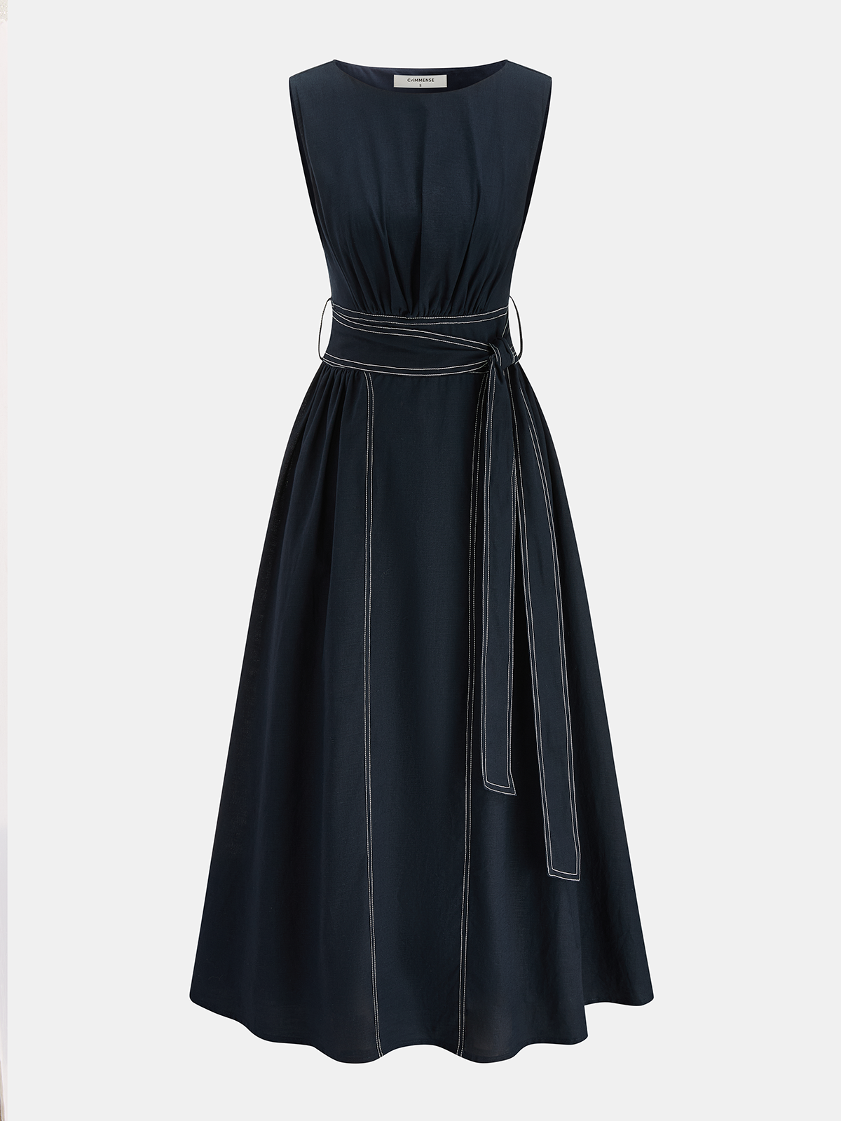 Cotton Linen Maxi Dress with Sleeveless Belt Design