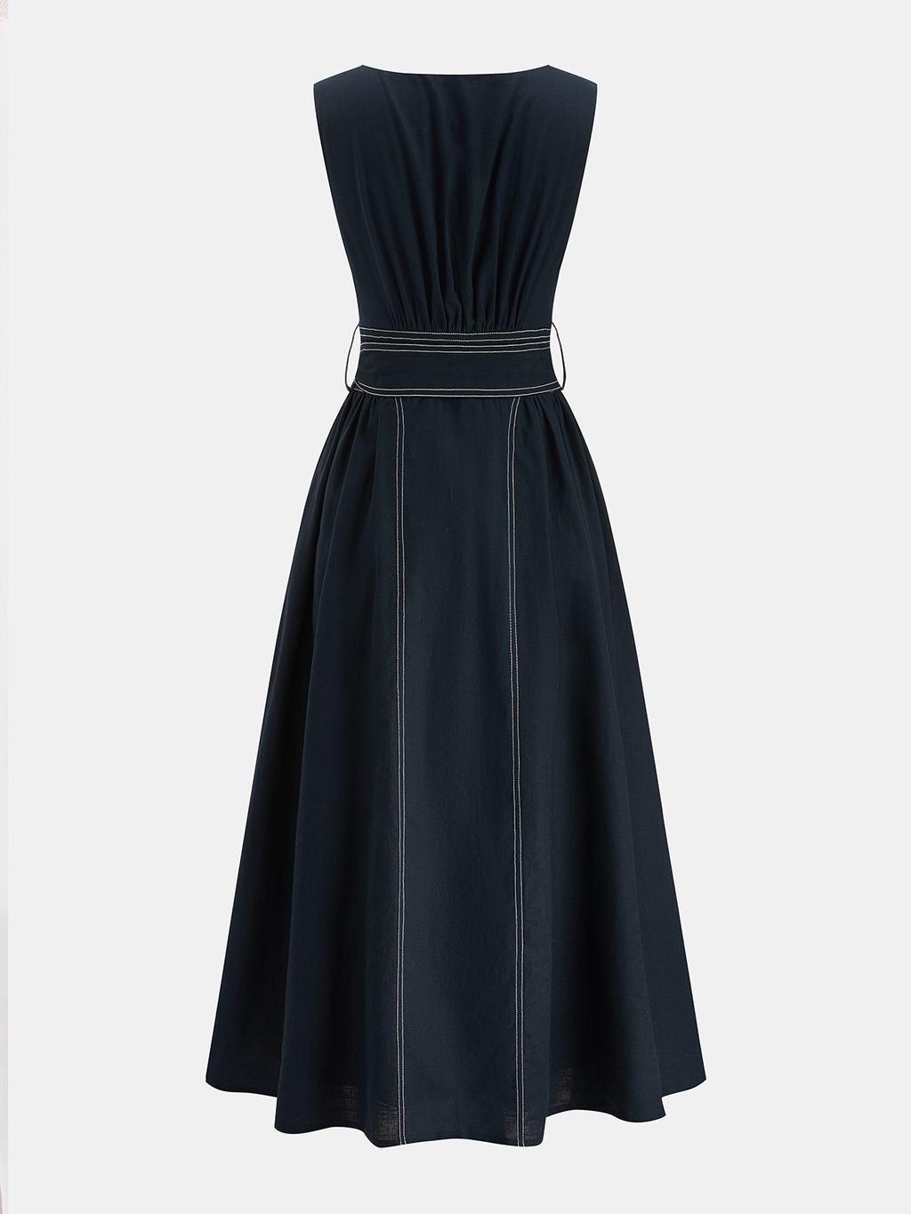 Cotton Linen Maxi Dress with Sleeveless Belt Design
