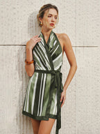 Striped Satin Halter Wrap Mini Dress