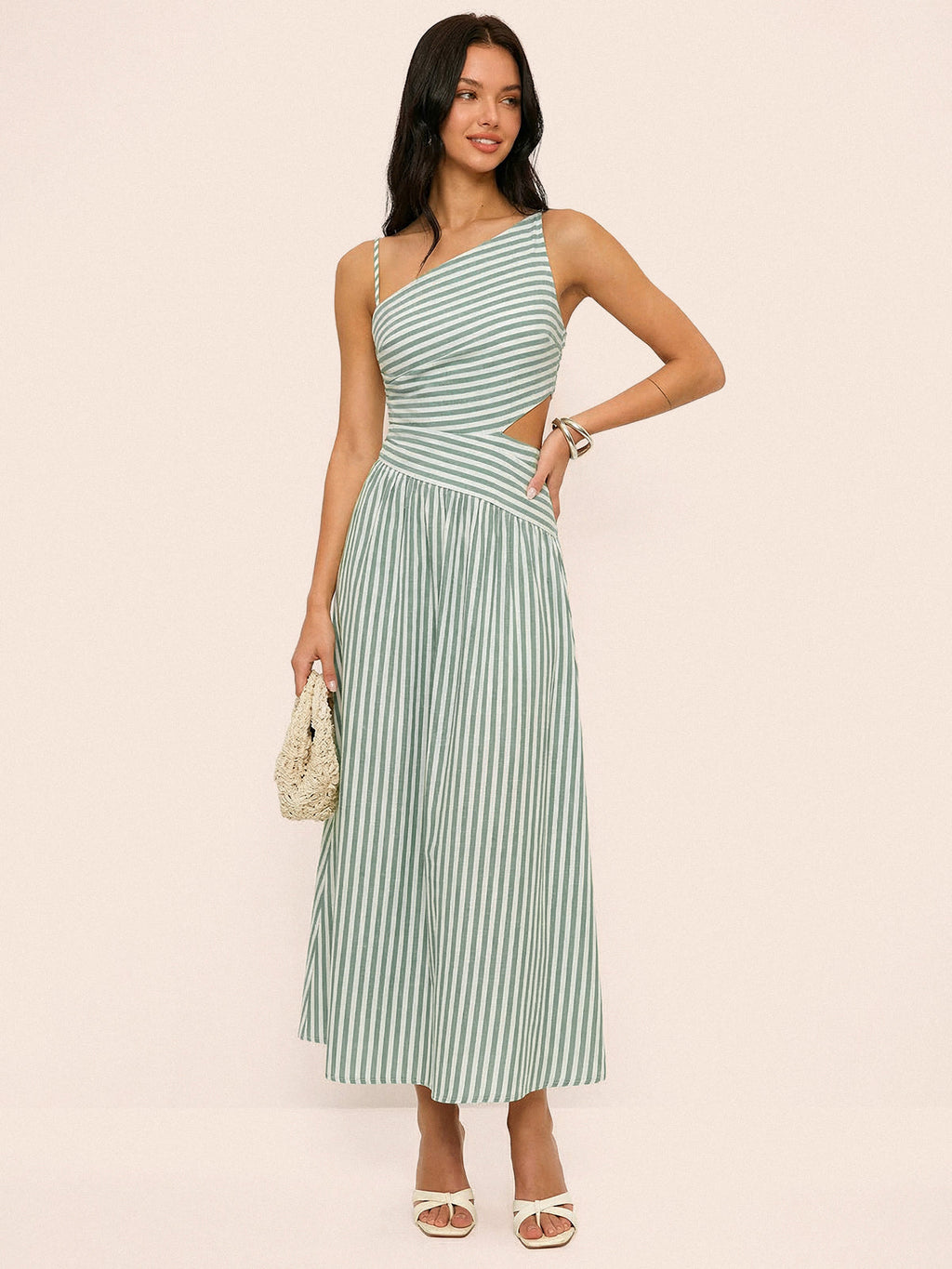 Striped Asymmetric Cami Maxi Dress with Cut-Out Detail
