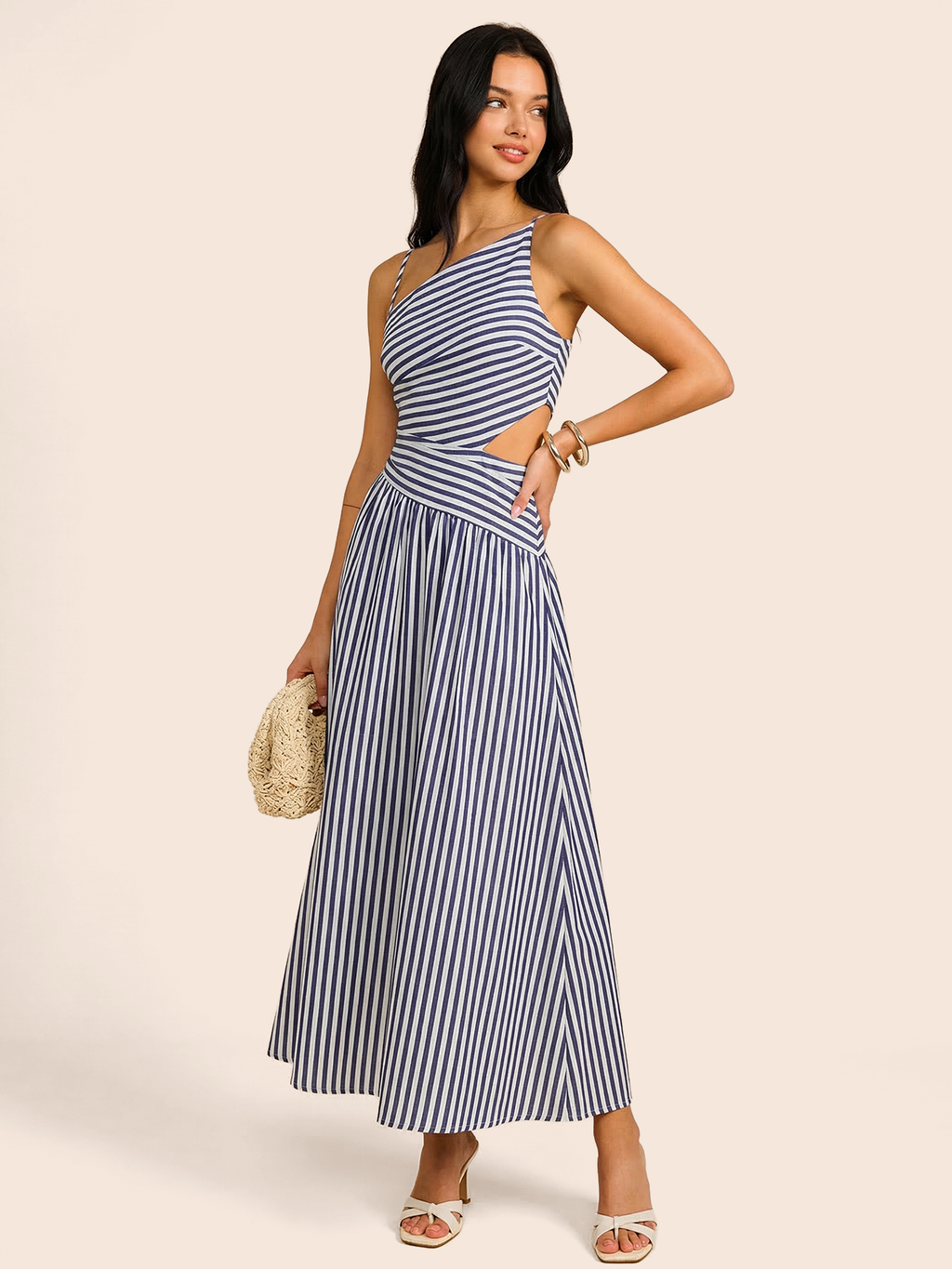 Striped Asymmetric Cami Maxi Dress with Cut-Out Detail