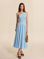 Asymmetrical Ruched Textured Midi Dress with One Shoulder