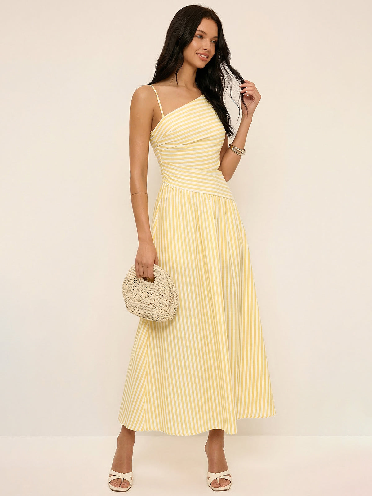 Striped Asymmetric Cami Maxi Dress with Cut-Out Detail