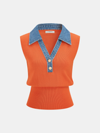 Denim Collar Sleeveless Vest with Metal Buttons