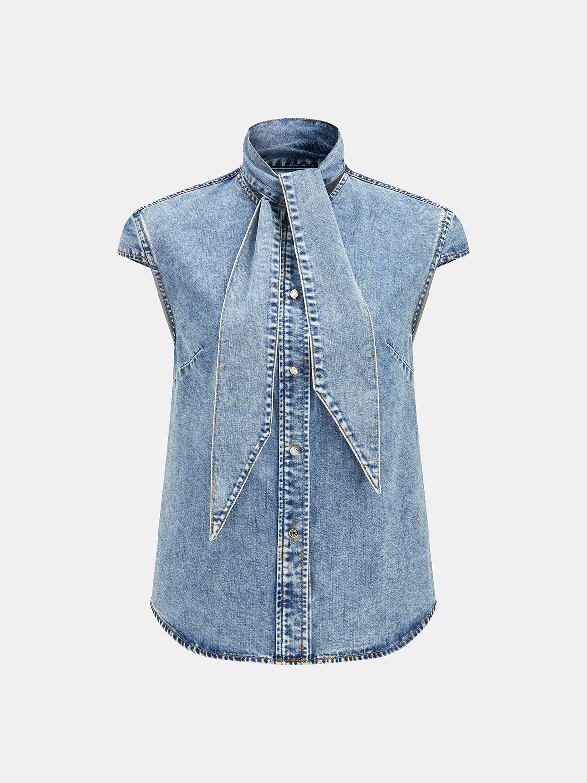 Sleeveless Denim Blouse with Tie Neck Detail