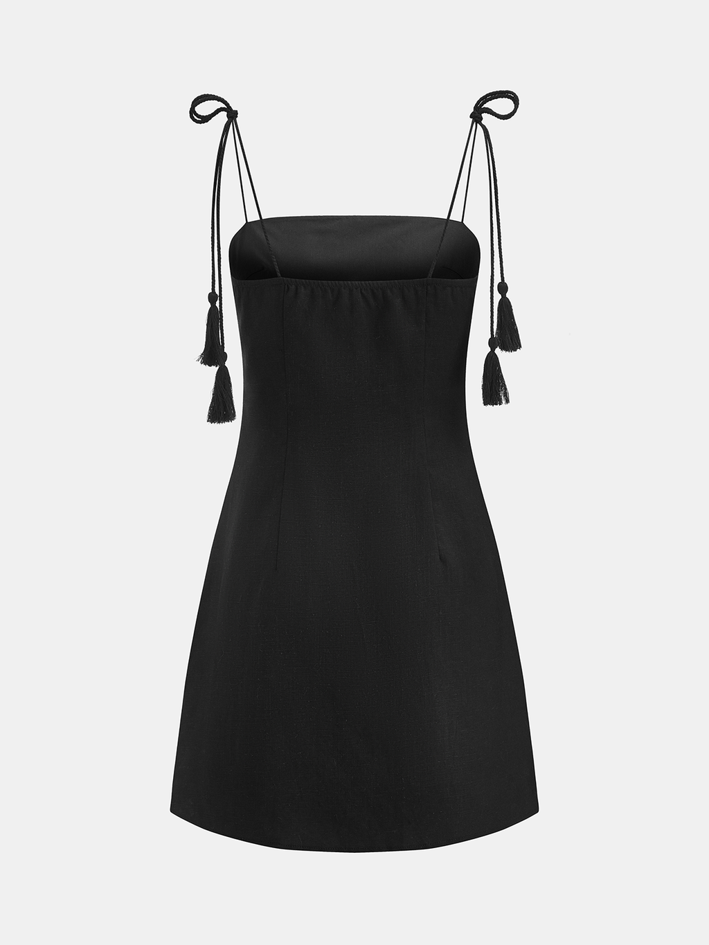 Embroidered Linen Blend Mini Dress with Tassel Tie