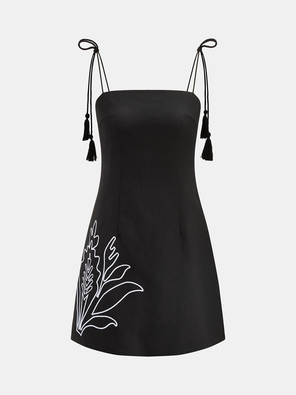 Embroidered Linen Blend Dress with Tassel Ties