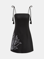 Embroidered Linen Blend Dress with Tassel Ties