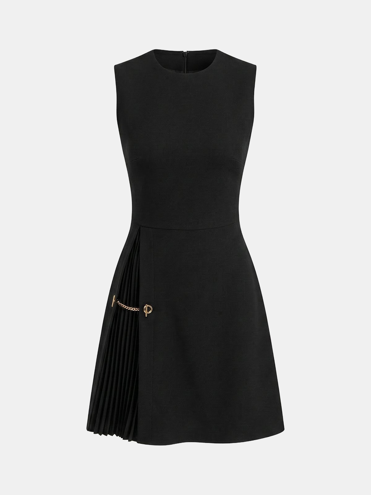 Chain-Accented Pleated Sleeveless Mini Dress