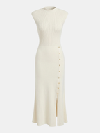 Button Accent Cap Sleeve Ribbed Maxi Dress.