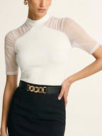 Mock Neck Top with Sheer Mesh Sleeves
