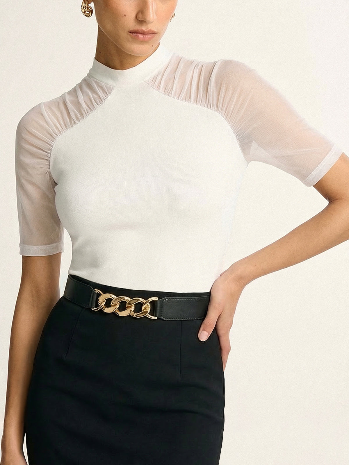 Mock Neck Top with Sheer Mesh Sleeves