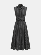 Striped Tie Waist Sleeveless Collared Midi Dress
