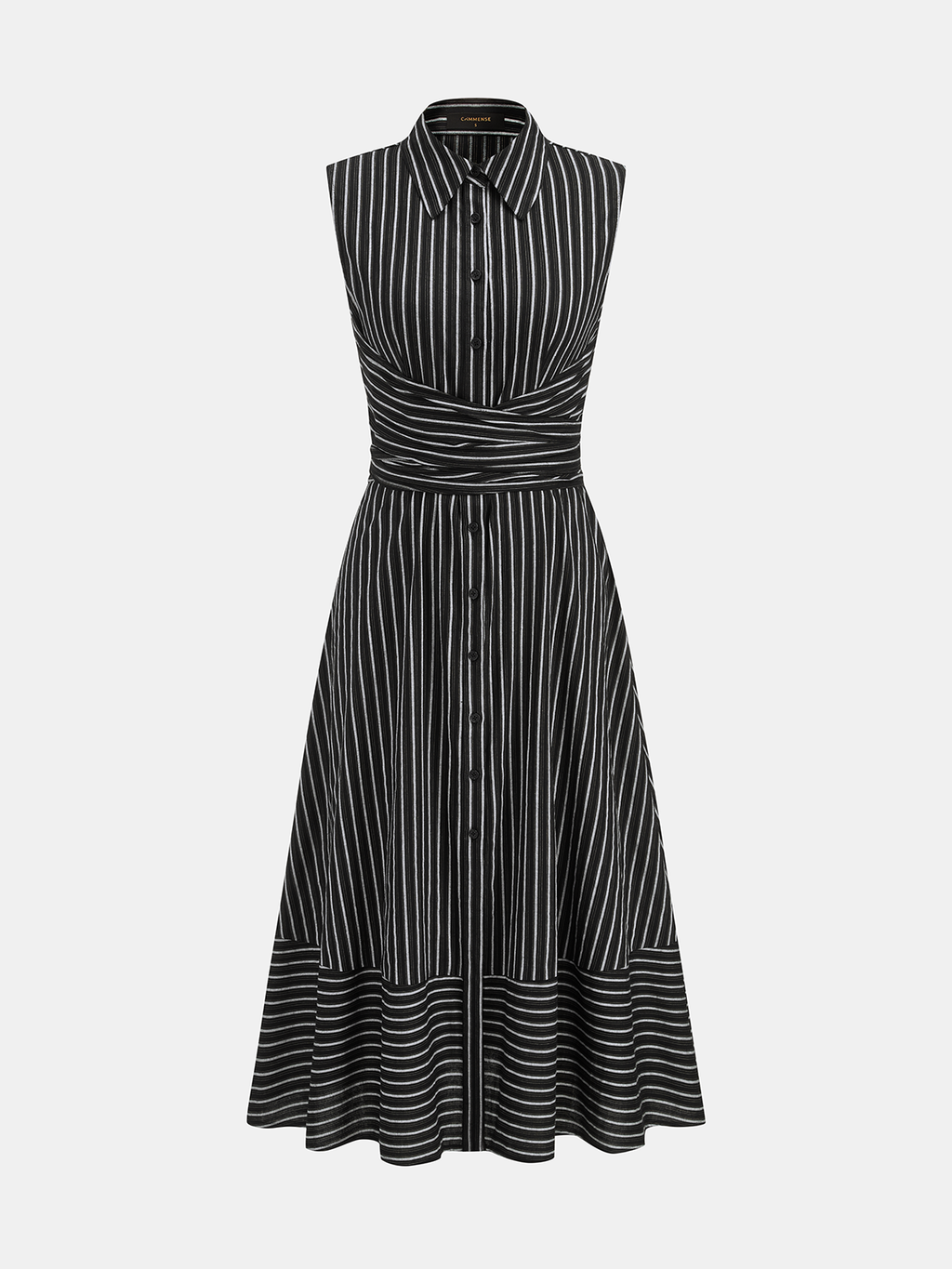 Striped Tie Waist Sleeveless Collared Midi Dress