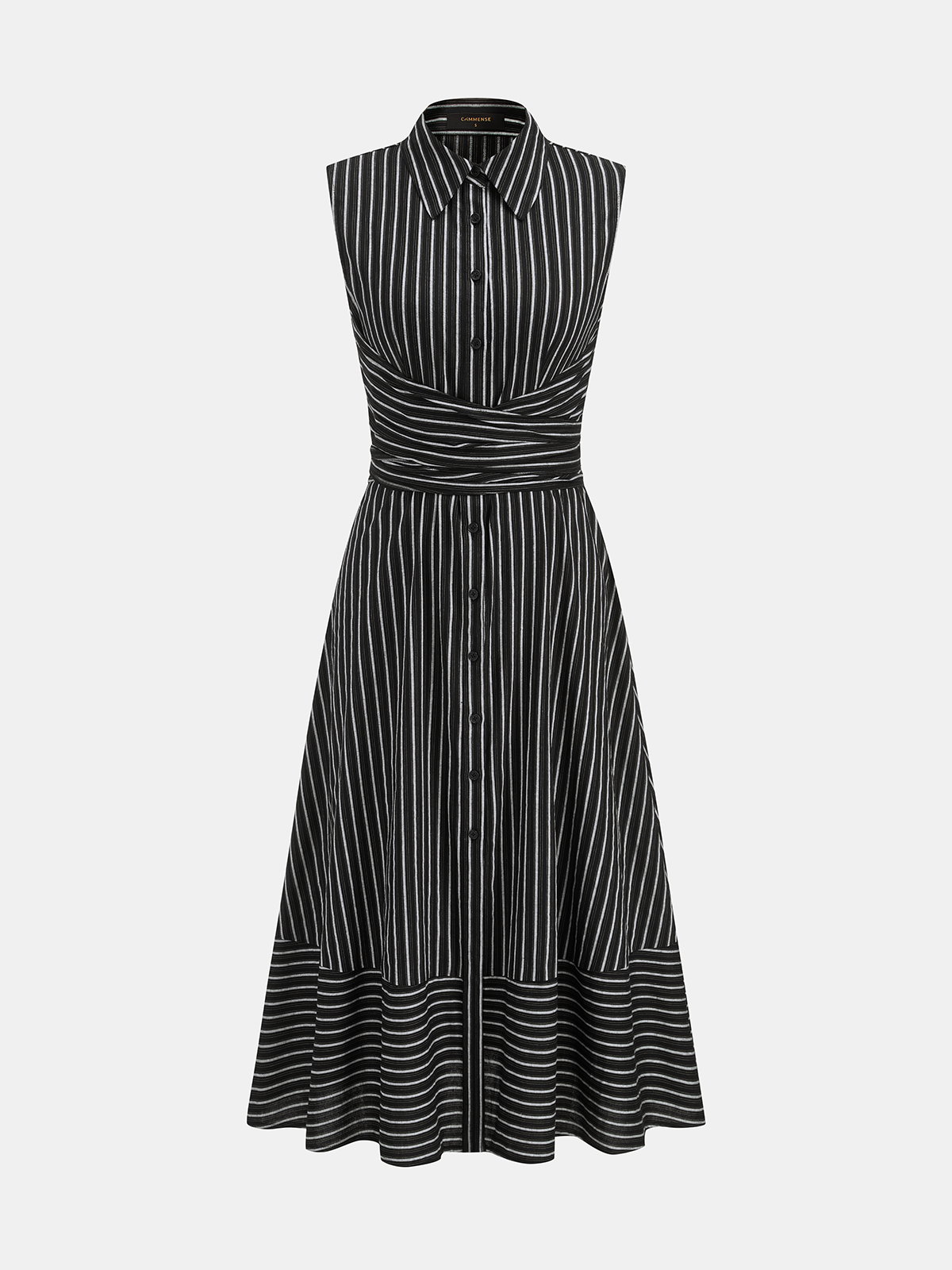 Striped Tie Waist Sleeveless Collared Midi Dress