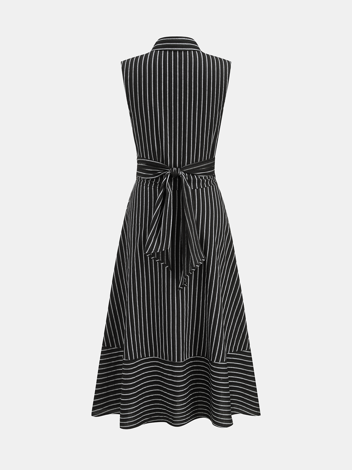 Striped Tie Waist Sleeveless Collared Midi Dress